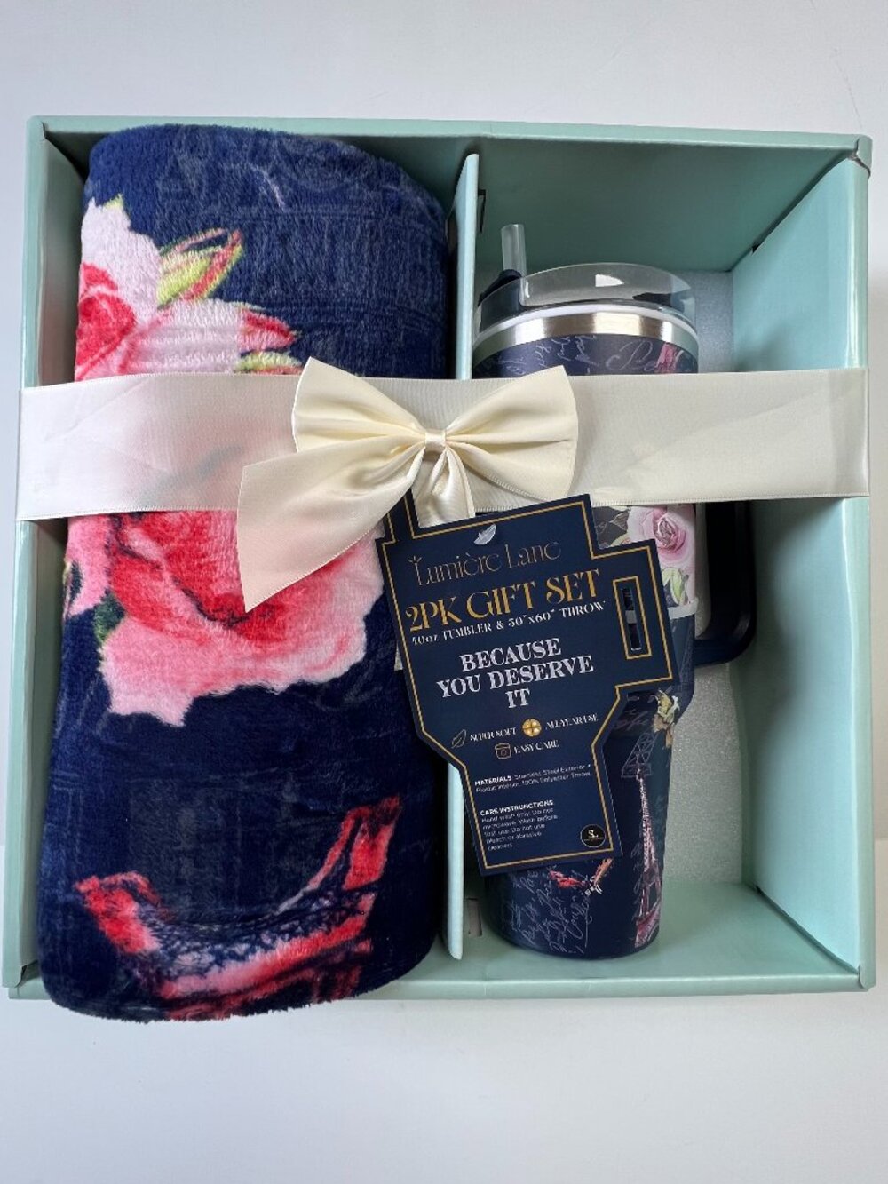 2 Piece Set Navy Floral 40oz Thermal Tumbler Travel Mug & Blanket